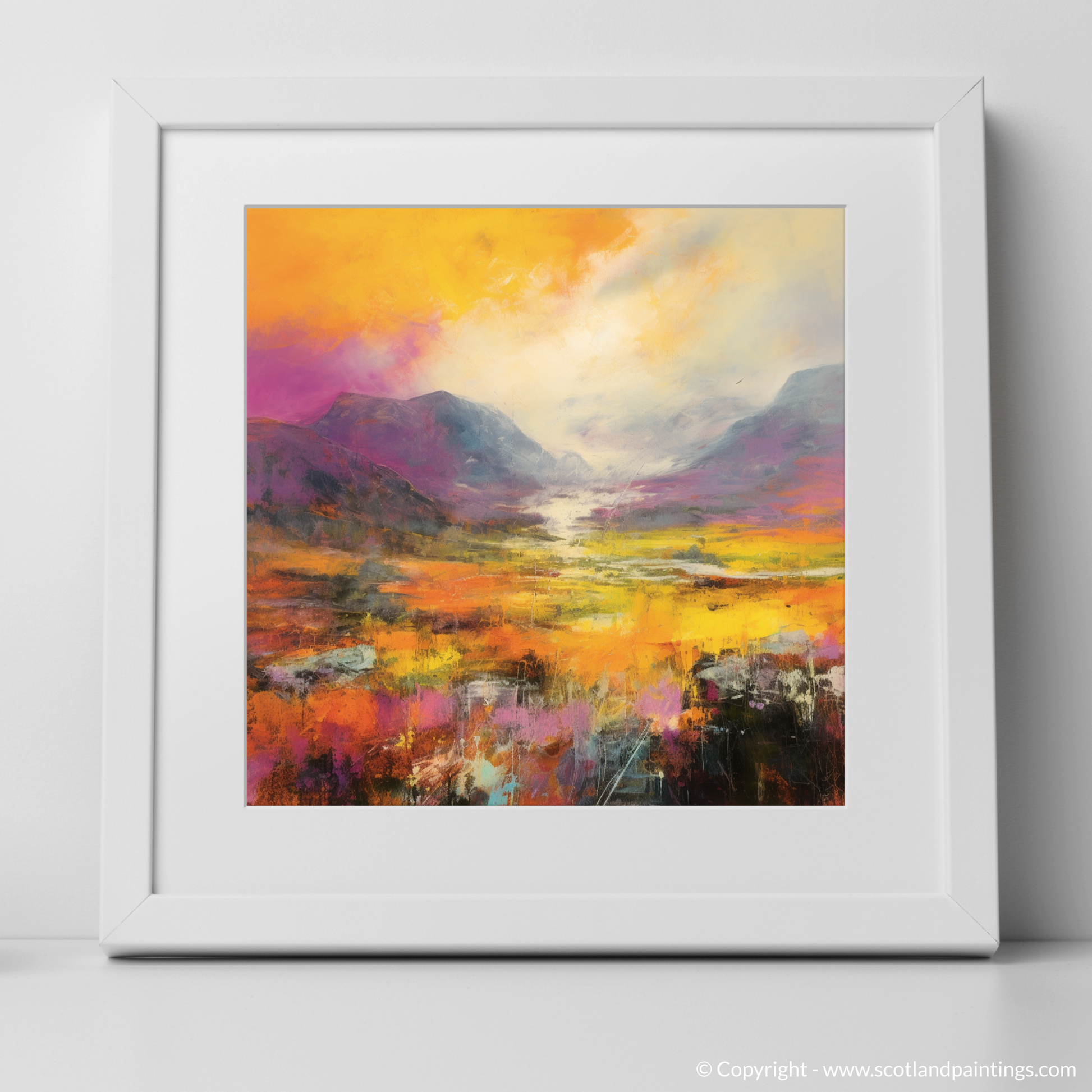 Art Print of Golden light on heather in Glencoe with a white frame