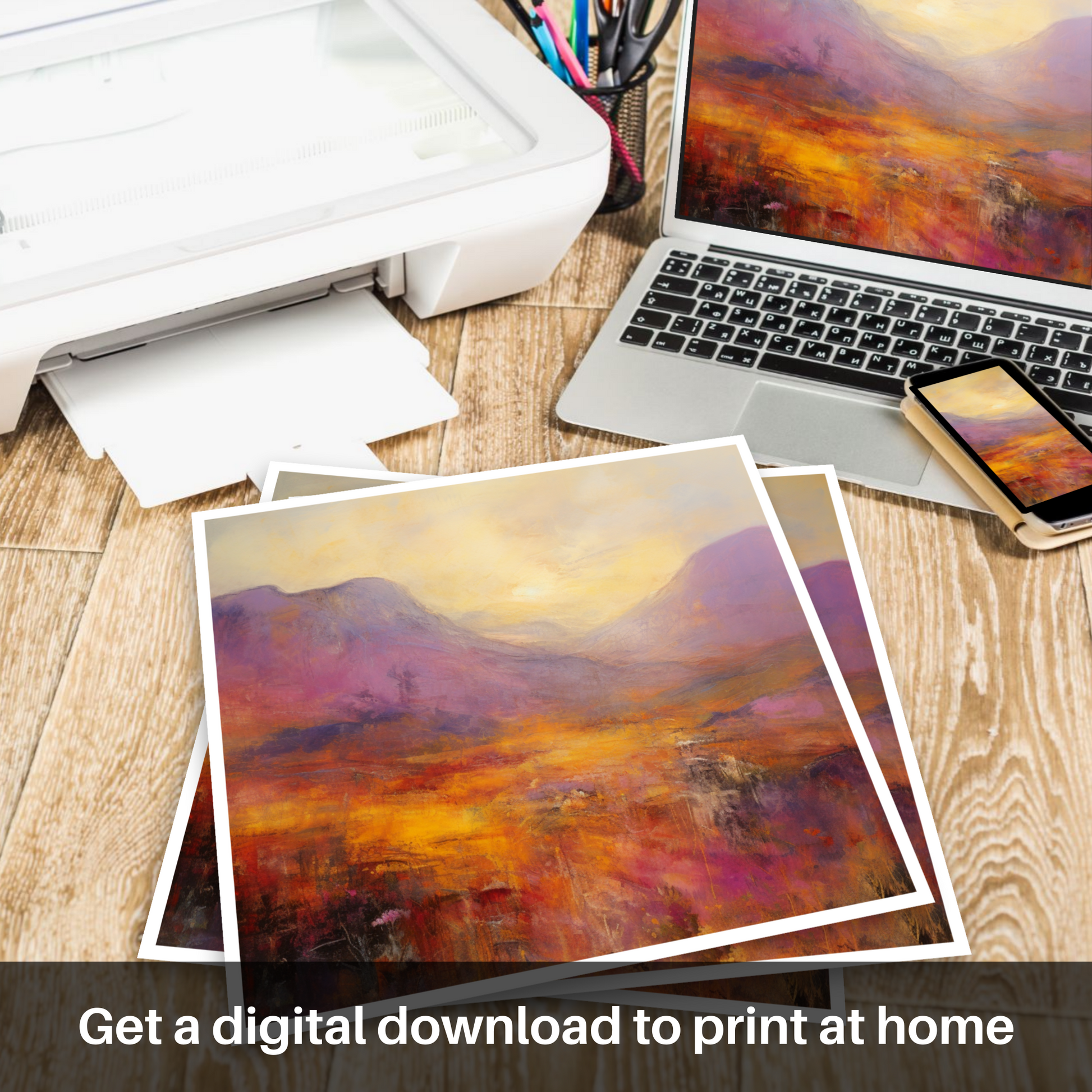 Downloadable and printable picture of Golden light on heather in Glencoe
