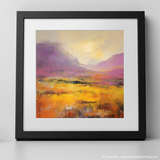 Art Print of Golden light on heather in Glencoe with a black frame