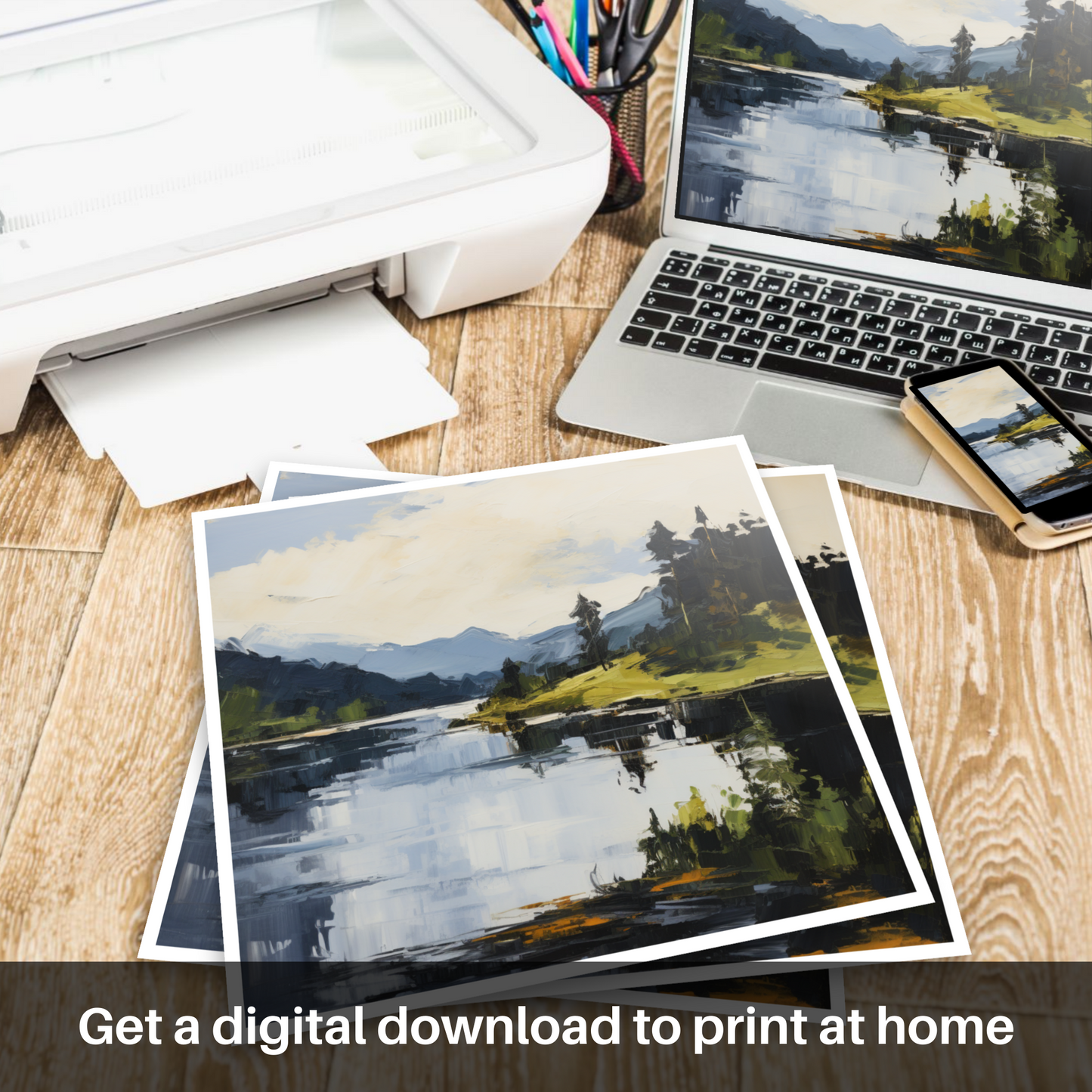 Downloadable and printable picture of Loch Ard, Stirling in summer
