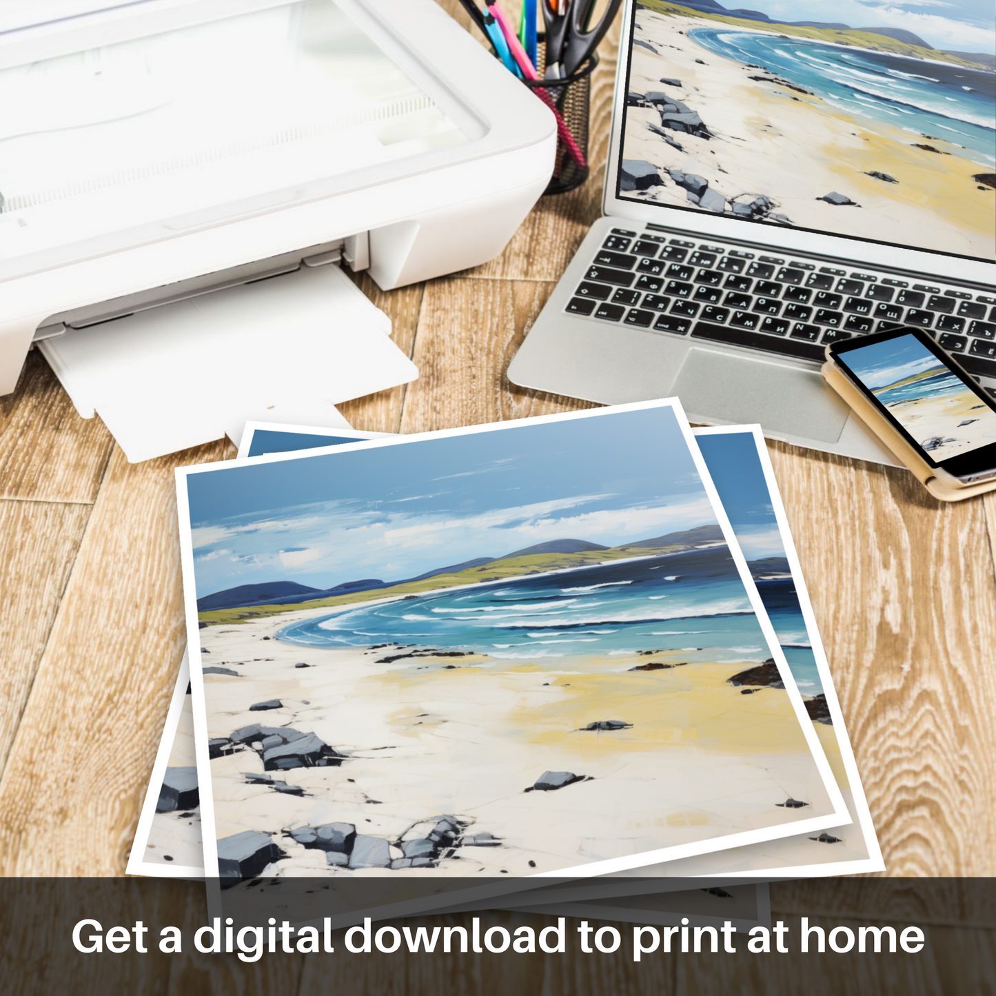 Downloadable and printable picture of Scarista Beach, Isle of Harris in summer