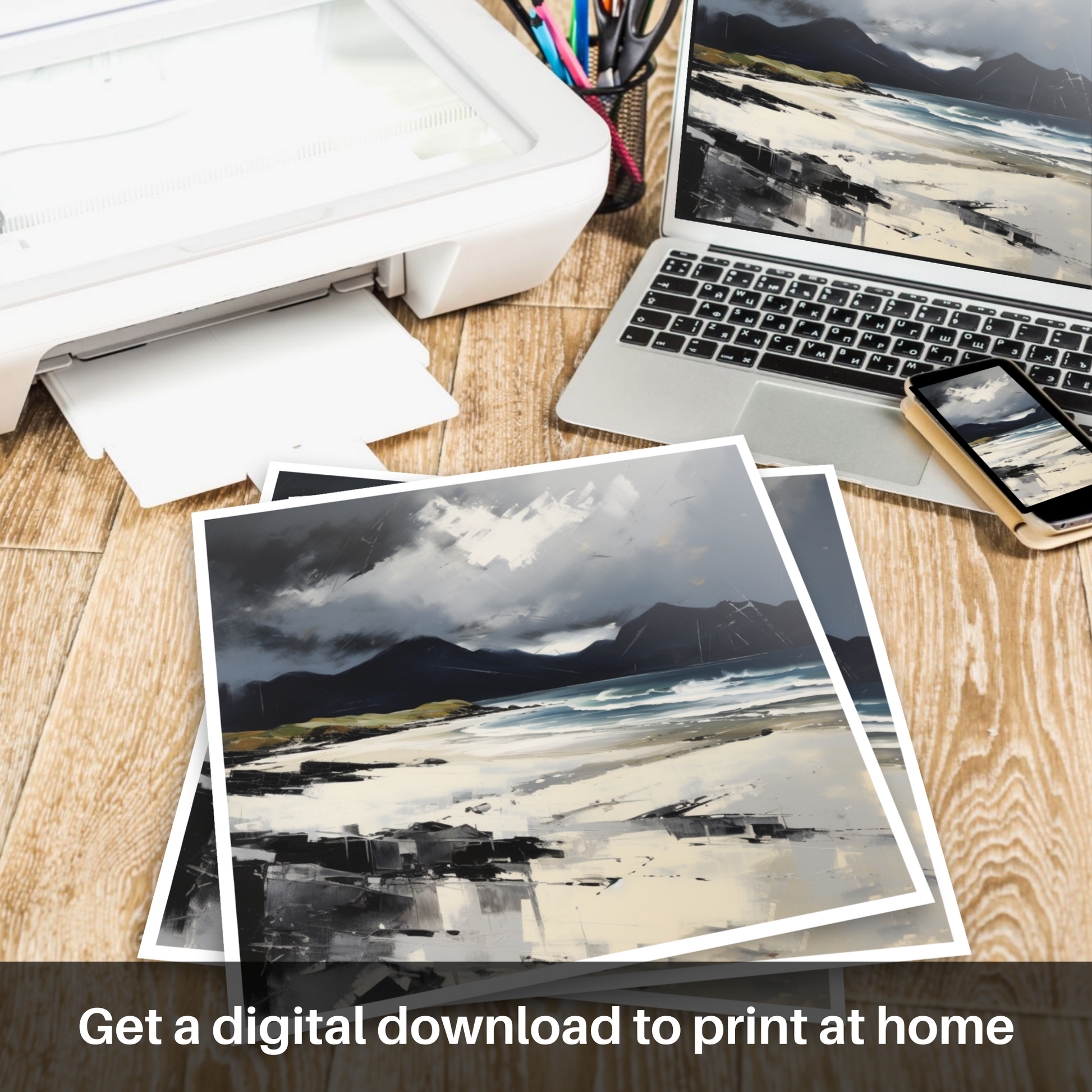 Downloadable and printable picture of Mellon Udrigle Beach with a stormy sky