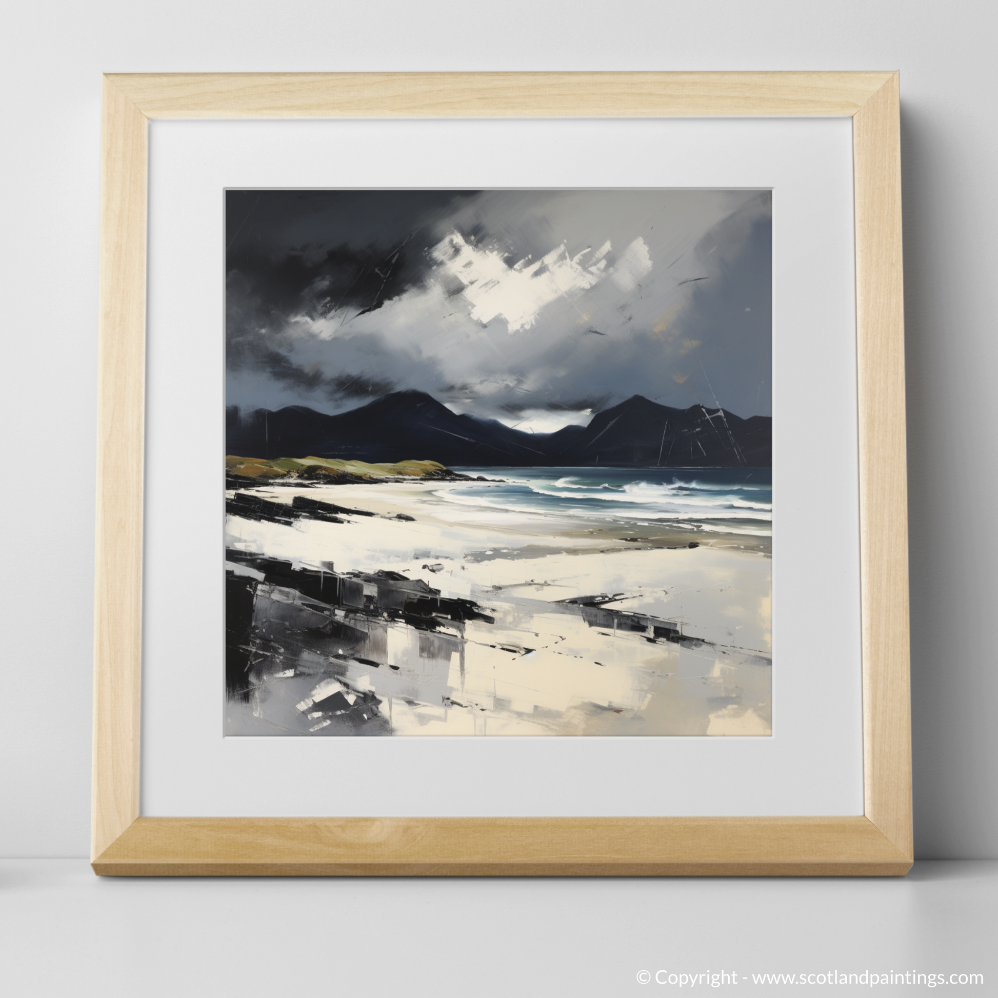 Art Print of Mellon Udrigle Beach with a stormy sky with a natural frame