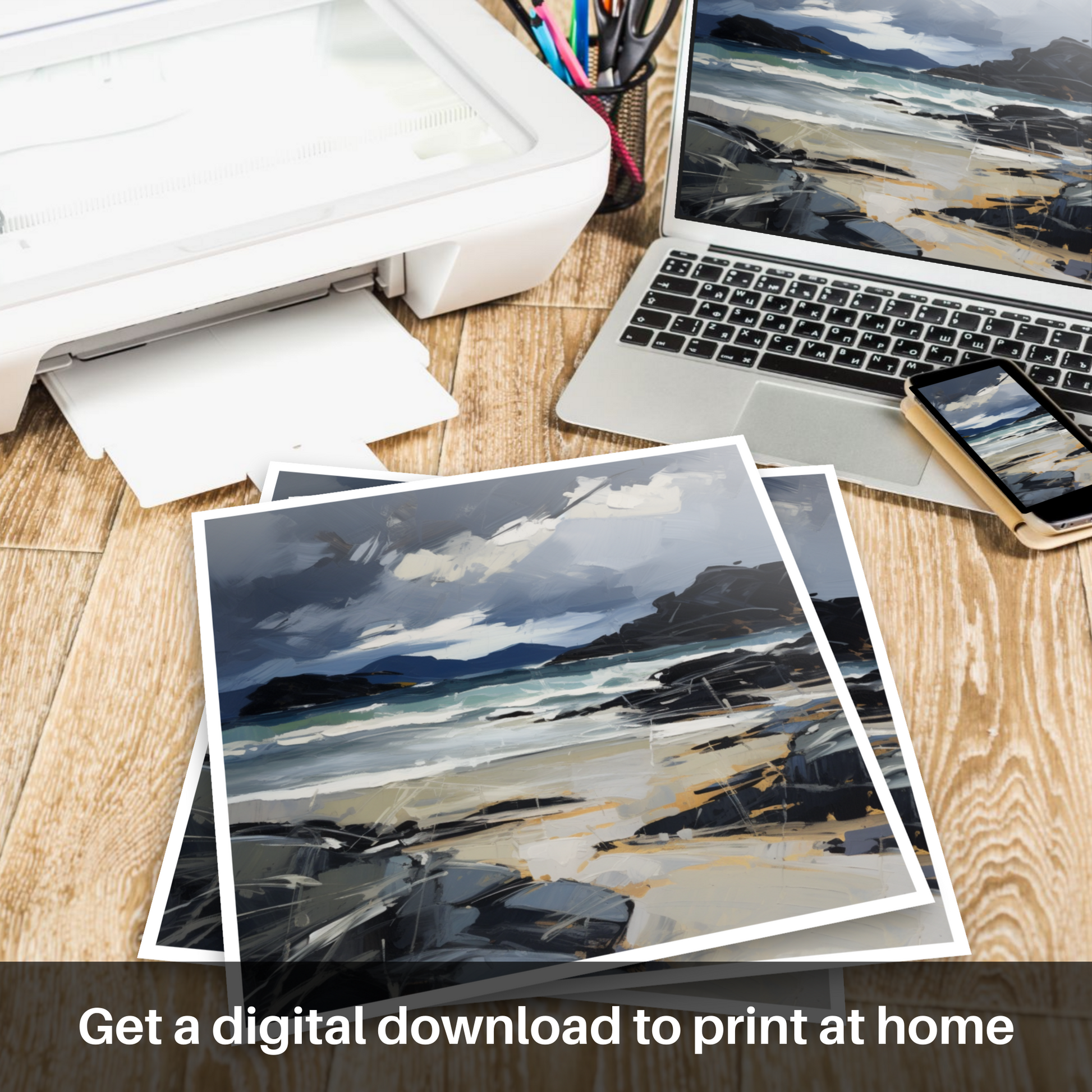 Downloadable and printable picture of Mellon Udrigle Beach with a stormy sky