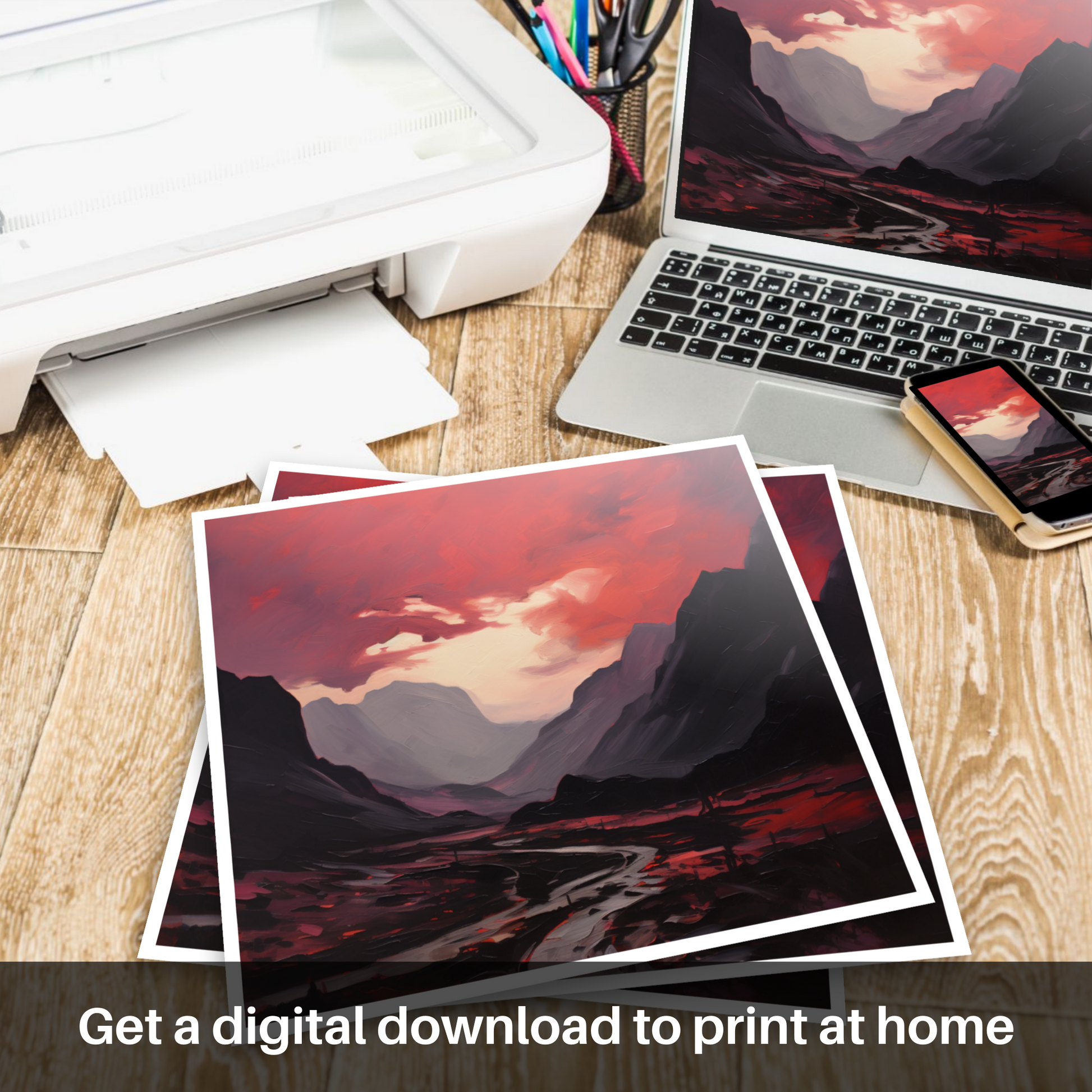 Downloadable and printable picture of Crimson clouds over valley in Glencoe