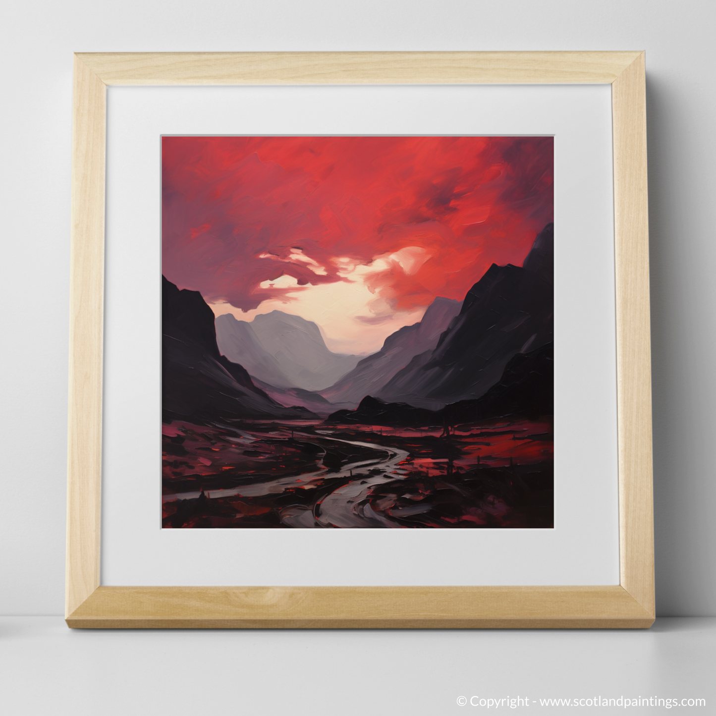 Art Print of Crimson clouds over valley in Glencoe with a natural frame