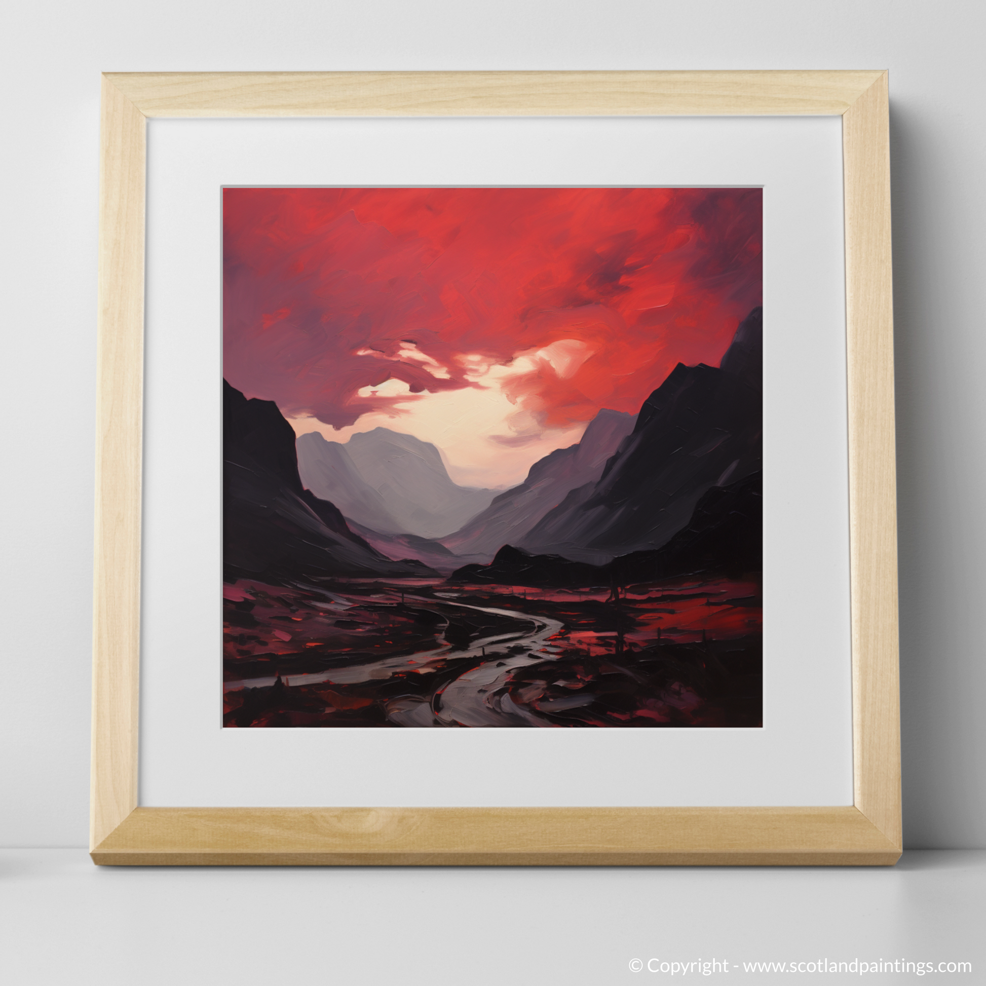 Art Print of Crimson clouds over valley in Glencoe with a natural frame