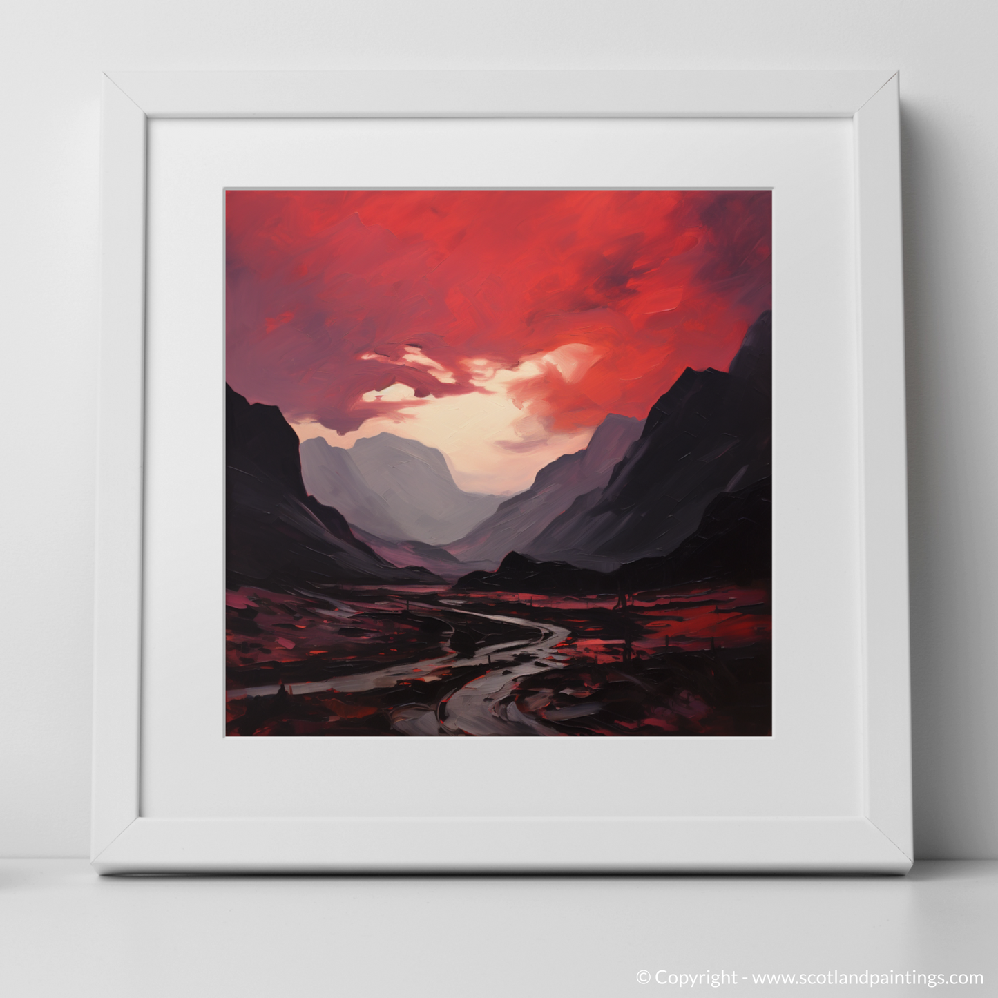 Art Print of Crimson clouds over valley in Glencoe with a white frame