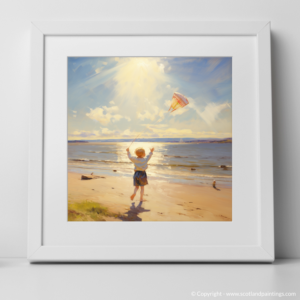 Painting and Art Print of A young boy flying a kite on the expansive s ...