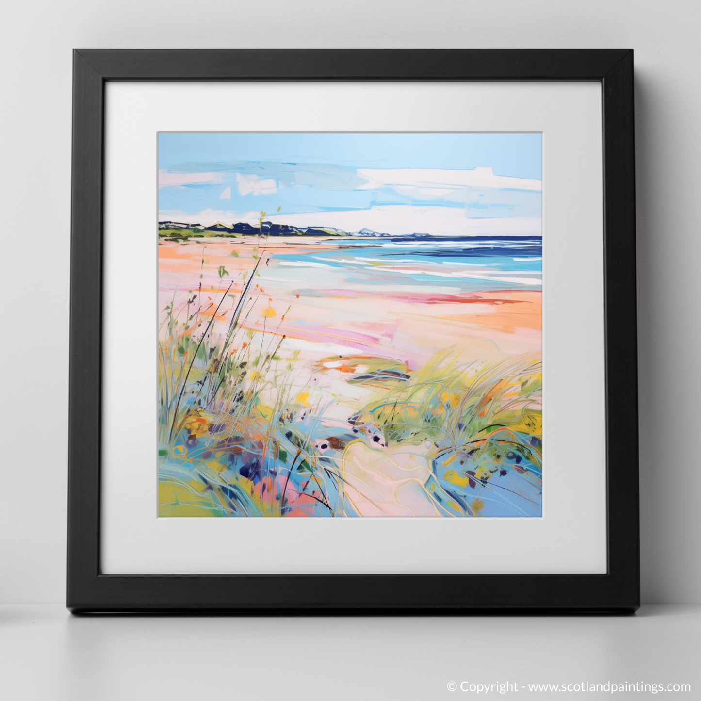 Art Print of Longniddry Beach, East Lothian in summer with a black frame
