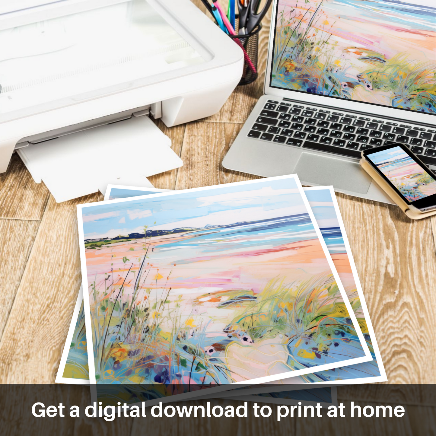 Downloadable and printable picture of Longniddry Beach, East Lothian in summer