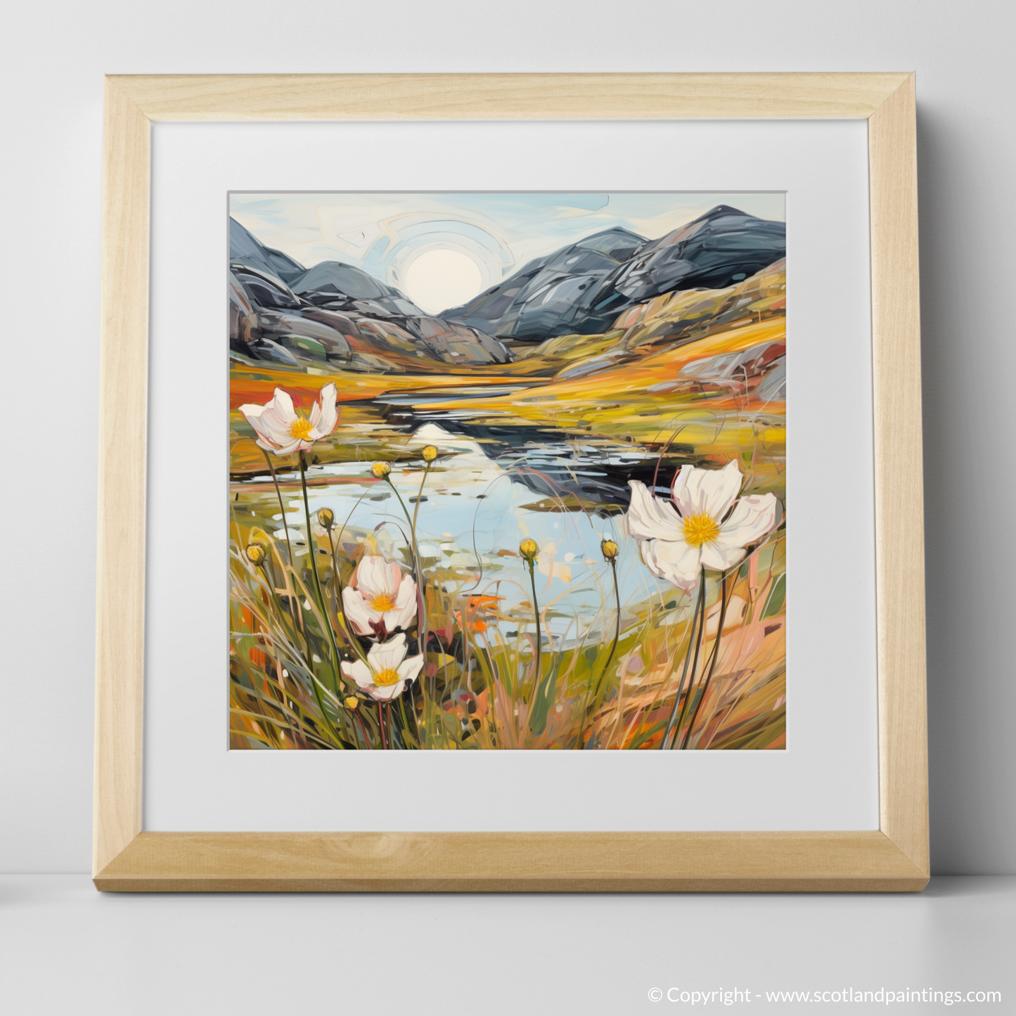 Art Print of Mountain avens near serene lochan in Glencoe with a natural frame