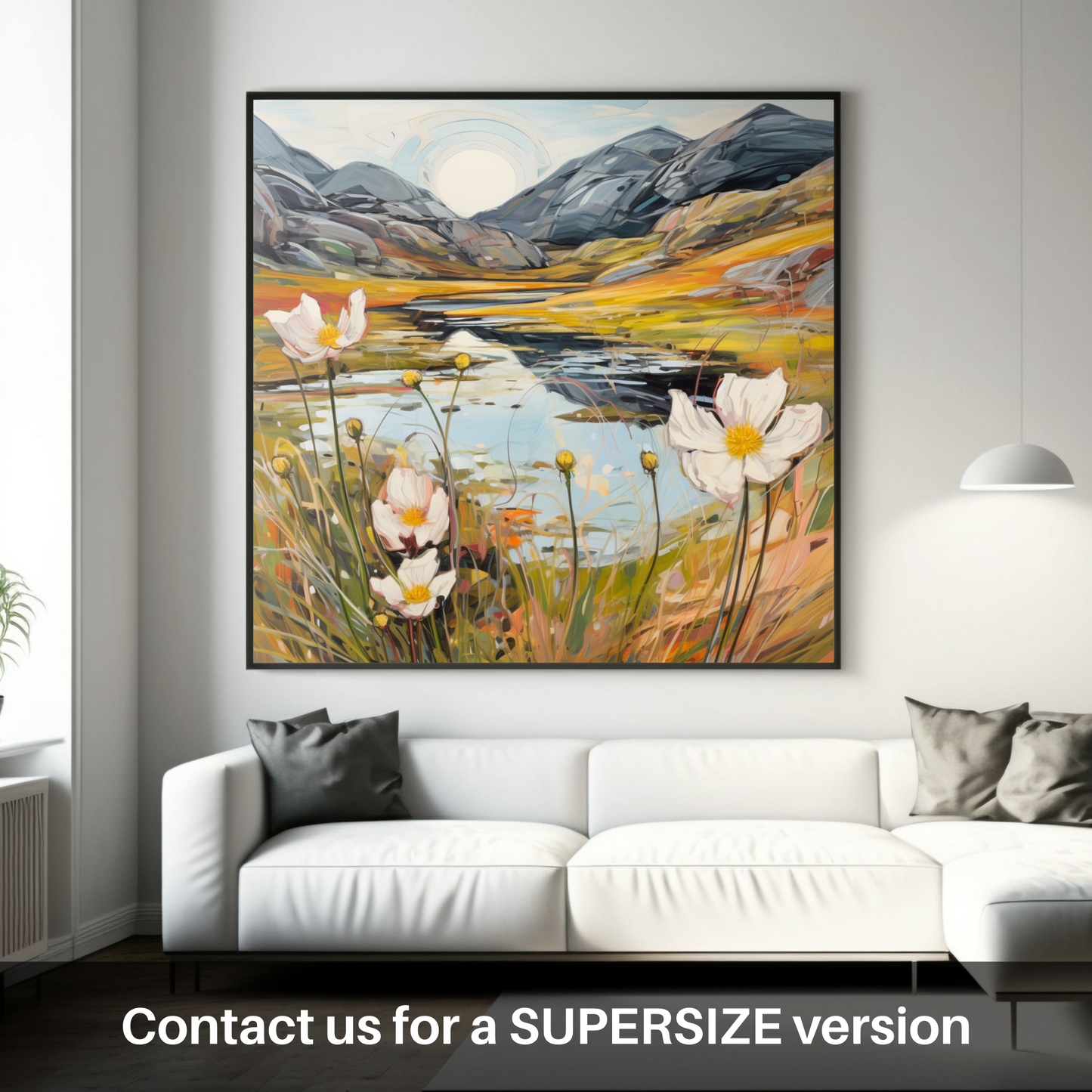 Huge supersize print of Mountain avens near serene lochan in Glencoe