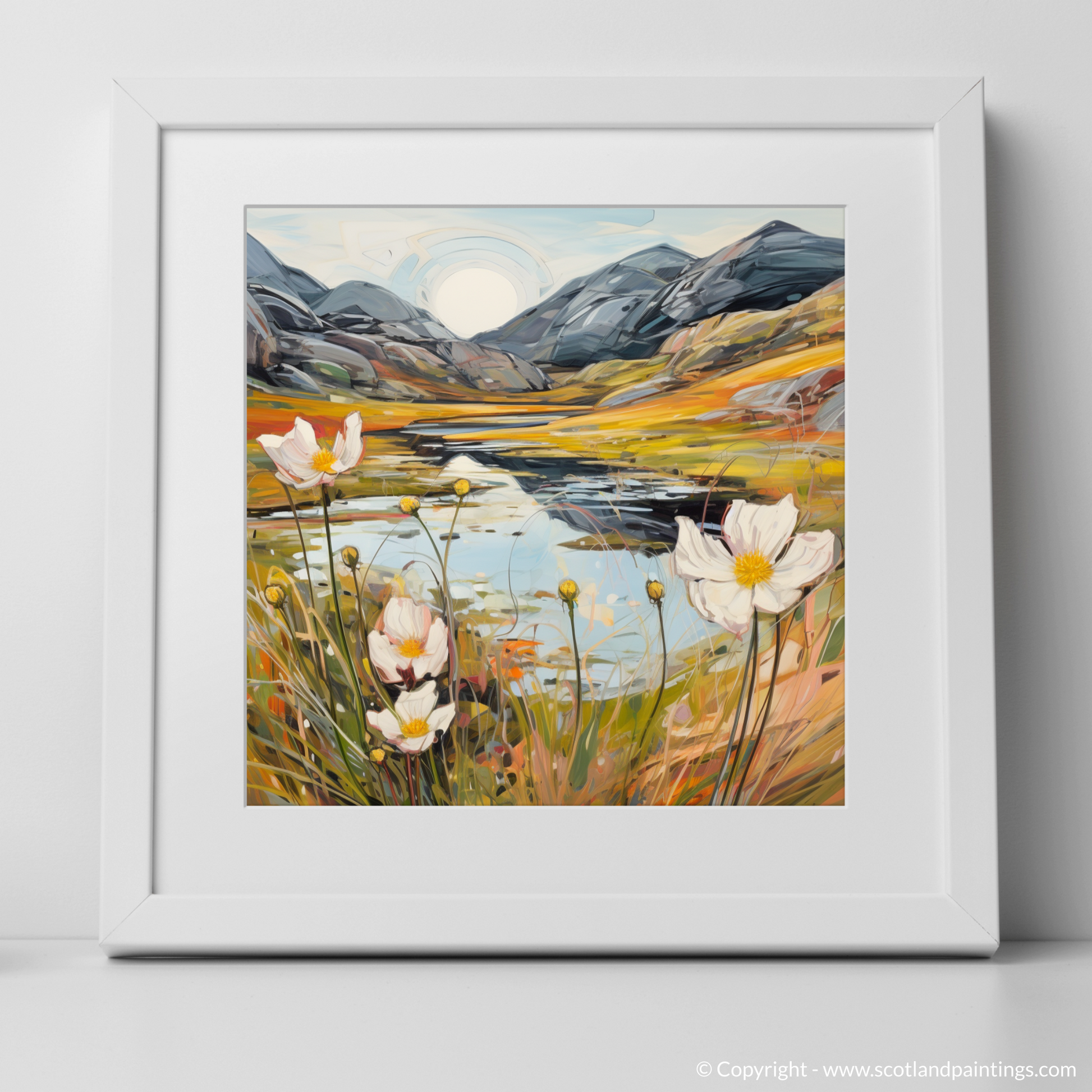 Art Print of Mountain avens near serene lochan in Glencoe with a white frame
