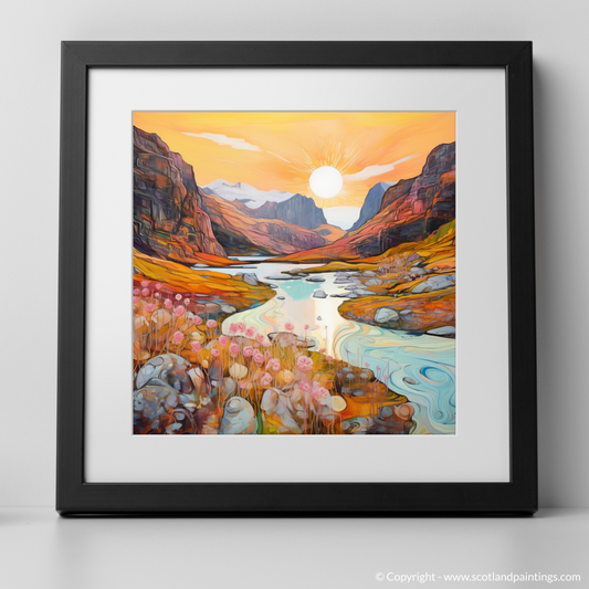 Art Print of Isle of Skye Fairy Pools at golden hour in summer with a black frame