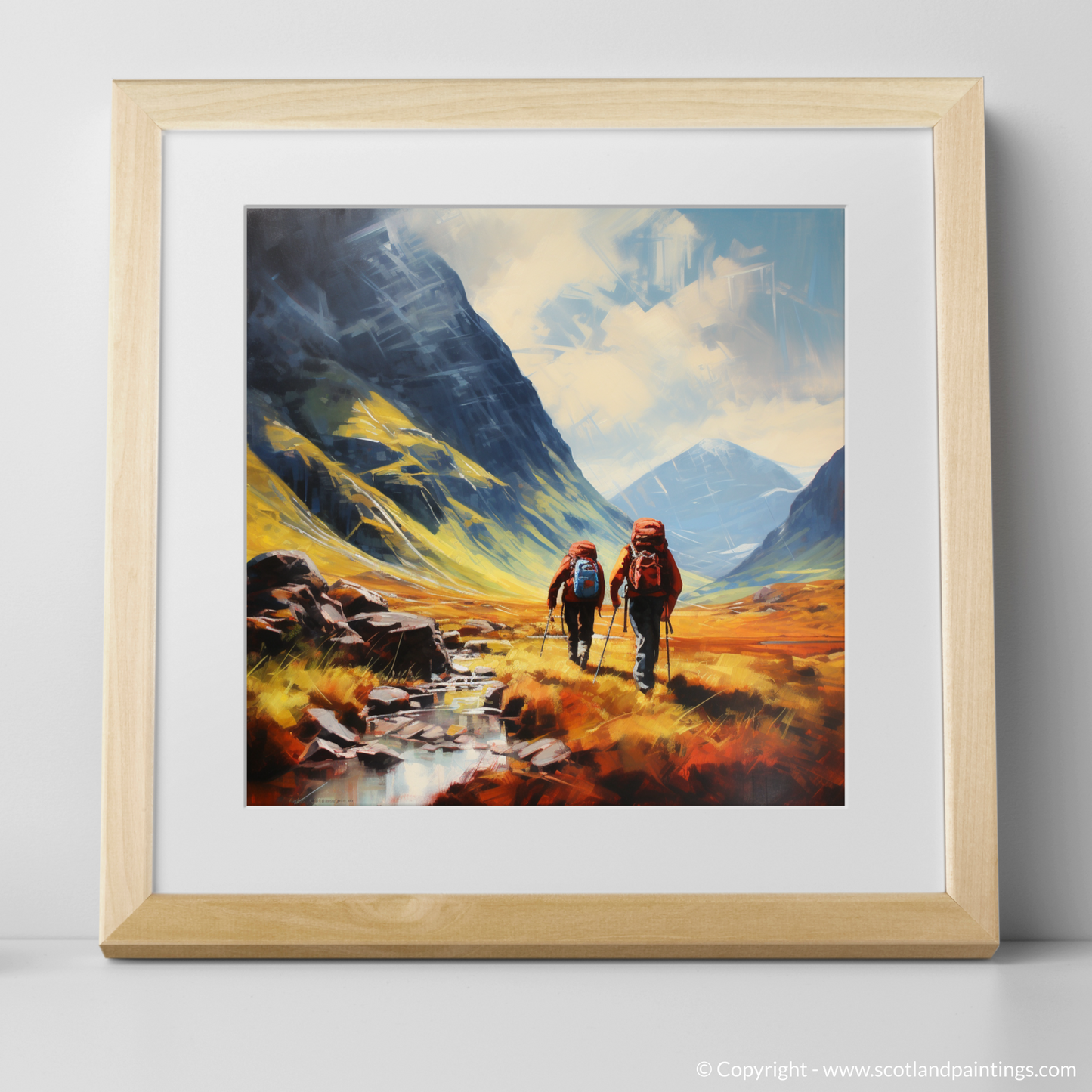 Art Print of Hikers in Glencoe with a natural frame