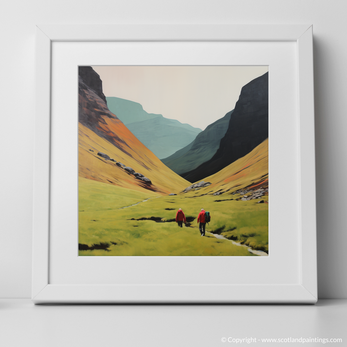 Hikers in the Mist of Glencoe: A Minimalist Ode to Adventure