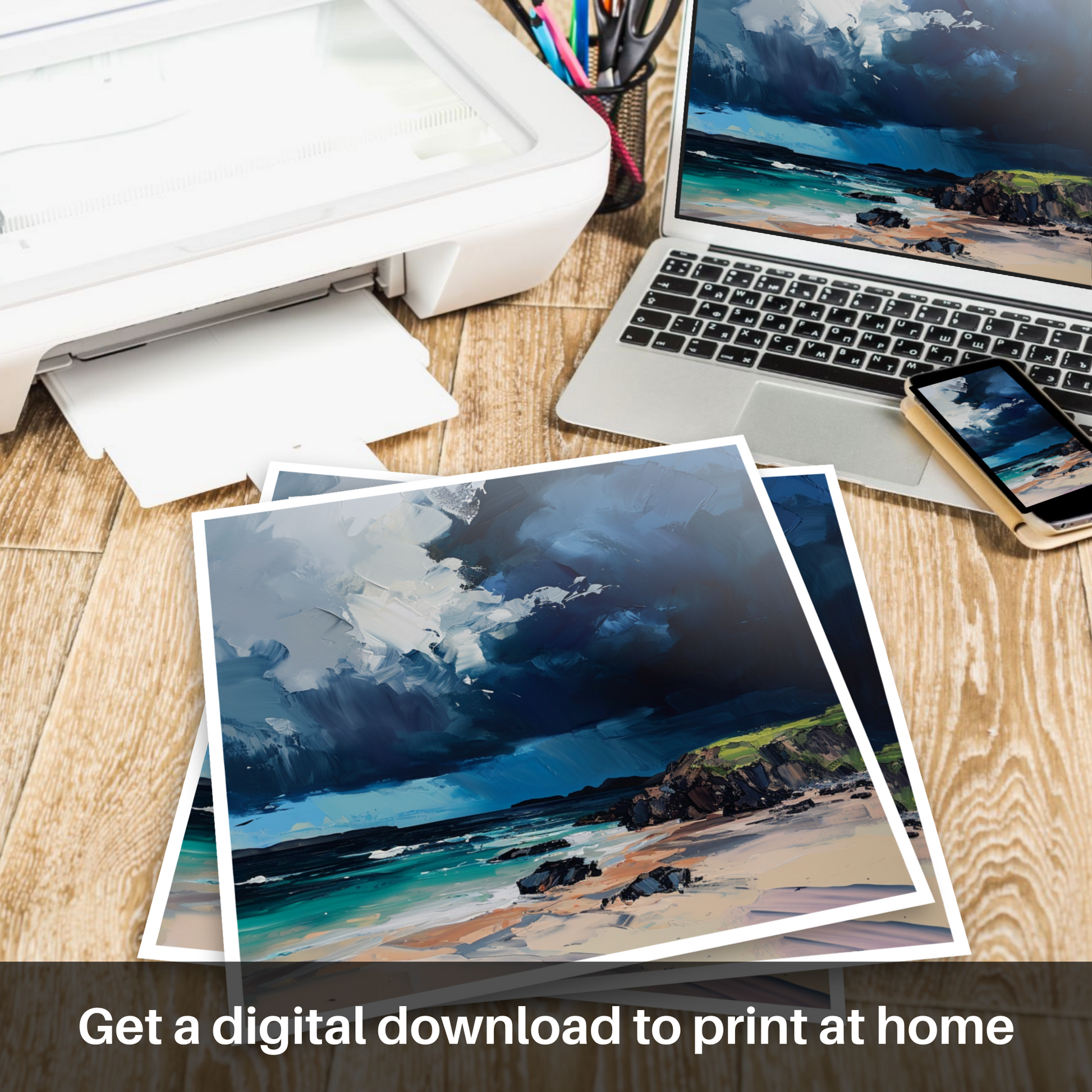 Downloadable and printable picture of Balnakeil Bay with a stormy sky